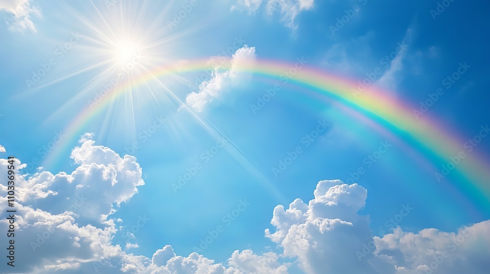 Beautiful vibrant double rainbow stretching across clear blue sky with ...