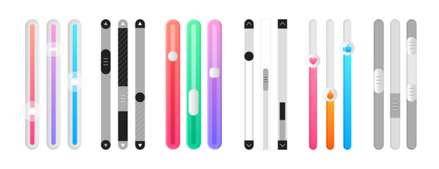 Fototapete - Vector set of scroll bars. Vertical colored sliders, scrollbars. Web design elements for website or internet page. Menu graphic ui interface scrolls control, brightness controller, volume slider.