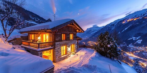 Wall Mural - A cozy Swiss chalet nestled in a snowy valley, with warm golden lights shining from the windows under a crisp, star-filled night sky.