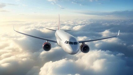 Aufkleber - Commercial white airplane flying above a layer of white clouds during a beautiful sunrise, providing a stunning view of air travel and the beauty of nature