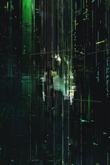 Wall Mural - vertical abstract illustration of green glowing green pixels streams over a dark background