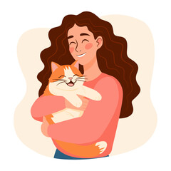 Happy Woman Embracing Smiling Cat