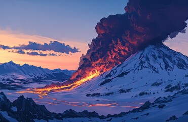 Wall Mural - an erupting volcano with flowing lava, showcasing the raw power and beauty of nature's fury. The scene is set against a backdrop of snow-capped mountains under a twilight sky