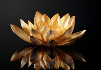 Wall Mural - A golden lotus flower floating on water, with its reflection