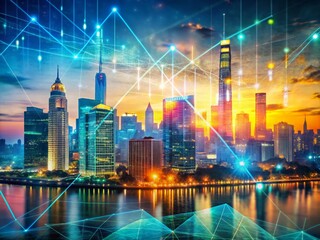 Poster - A Vibrant City Skyline at Dusk with Watercolor Effects in Blue, Orange, and Green, Overlaid with Data Points Symbolizing Innovation and Urban Growth
