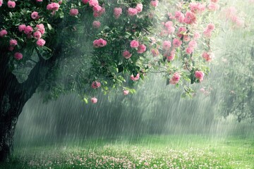 Wall Mural - Spring rain, blooming flowers, beautiful nature background