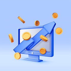 Poster - 3D growth stock coin chart and arrow on computer. Render stock arrow with money on monitor shows growth or success. Financial item, business investment. Money and banking. Vector illustration