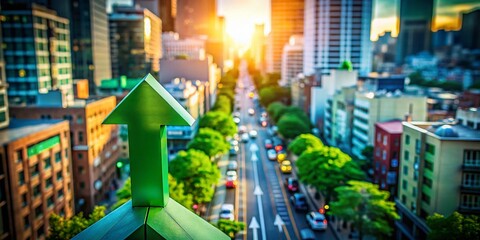 Poster - A Vibrant Tilt-Shift View of a Green Arrow Pointing Upwards Amidst a Miniature Cityscape, Symbolizing Growth and Progress in Business and Economy