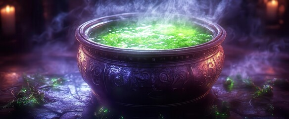 Wall Mural - halloweenthemed cauldron bubbling with bright green potion set against a mystical background with eerie shadows and an ornate frame evoking a sense of magic and mystery