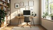 © Galib - A modern home office with a desk, computer, chair, and plants.