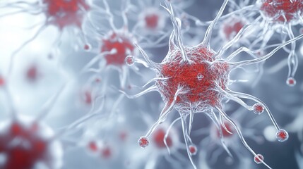 Poster - Close-up View of Microscopic Cells with Branching Structures and Red Highlights, Stunning Scientific Representation of Life Forms in Detailed 3D Render