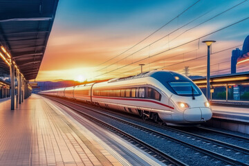 A train with yellow and white stripes is traveling down the tracks