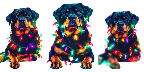 Wall Mural - Watercolor illustration of a Rottweiler dog wrapped in colorful Christmas lights, a perfect representation of holiday cheer and canine companionship. The dog is depicted in various festive poses, maki