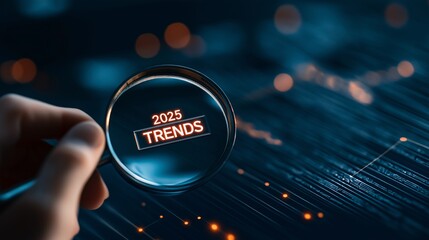 Poster - Close-Up View of a Hand Holding a Magnifying Glass Focusing on the Year 2025 and Trends with a Futuristic Background and Digital Elements