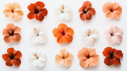 Arrangement of orange, red, and white hibiscus flowers on a white background in a grid pattern.