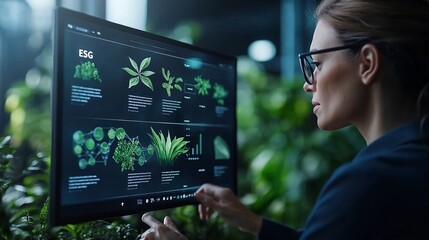 Poster - Professional examining digital interface displaying environmental data and social governance metrics amidst greenery in a modern workspace