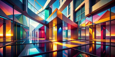 Poster - Bright Abstract Geometry in Minimalist Architecture: A 3D Render with Sharp Shadows and Vibrant Lighting for Contemporary Design Enthusiasts