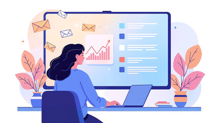 Poster -  business woman working on laptop. Messages. HR concept. Generative AI