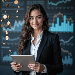 Poster - business woman with laptop against background of financial quotes and charts . Generative AI