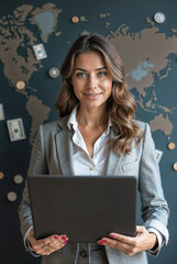 Poster - business woman with laptop against background of financial quotes and charts . Generative AI