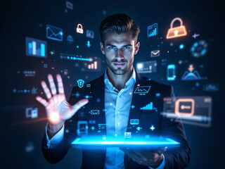 Poster -  businessman working on pad with hologram interface, icons around. Generative AI