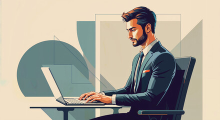 Poster -  businessman working onlaptop. Generative AI