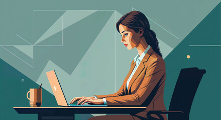 Poster -  business woman working on laptop. Generative AI