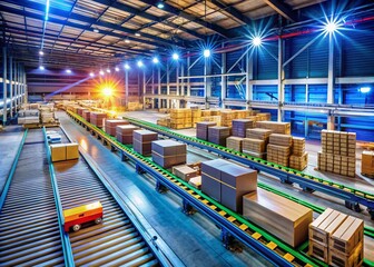 Poster - Candid Photography of a Busy Distribution Warehouse Showcasing a Conveyor Belt Loaded with Parcels Ready for Shipment and Efficient Logistics Operations in Action