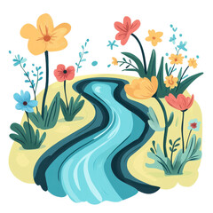 Wall Mural - Colorful flowers and a serene river in a vibrant natural landscape.