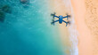© Solo Leveling - Aerial view of a drone flying over a sandy beach and clear blue water, showcasing technology in a natural environment.
