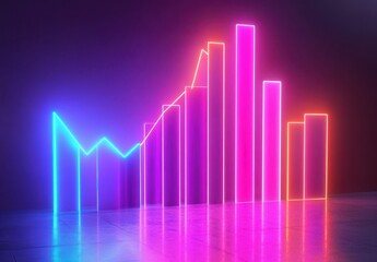 Poster - Vibrant Neon Chart Illustration with Colorful Bars and Lines Against a Dark Background for Data Visualization and Business Concept