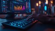 © LuvTK - Professional workspace featuring a hand typing on an ergonomic keyboard, sales chart with colorful bars and numerical data visible on a high-resolution screen,