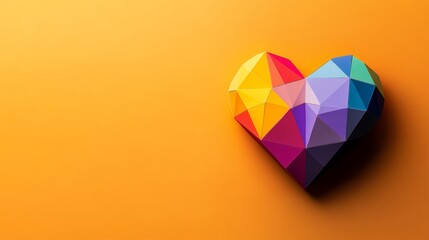 Poster - A colorful heart made of triangles is on a bright orange background. The heart is made of different colors, and it is a piece of art. The orange background adds a warm