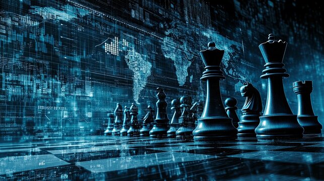 Chess Pieces Strategically Positioned Against Digital World Map