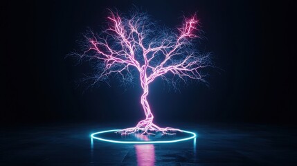 Poster - Mystical Glowing Tree A Striking Digital Artwork Depicting a Futuristic Electric Tree with Radiant Neon Light