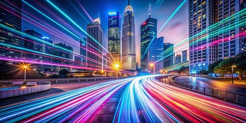 Poster - Captivating Futuristic Fiber Optic Light Streaks Illuminating a Dynamic Urban Landscape with a Vivid Color Palette and Abstract Patterns of Light in Motion