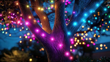 Poster - Magical Glowing Tree with Enchanting Fairy Lights in Vibrant Nighttime Nature