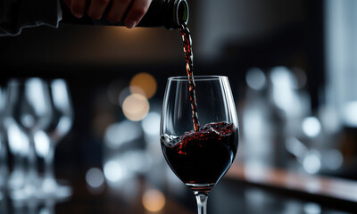 hand pouring red wine into glass, creating rich and inviting scene. blurred background adds touch of elegance to moment