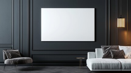 Wall Mural - Bright interior with a blank white poster on a dark wall large windows natural light and contemporary furniture creating a chic and open feel