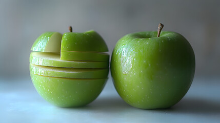 Sticker - A whole green apple sits beside another green apple sliced into thin, even segments.  A vibrant still life showcasing fresh fruit.