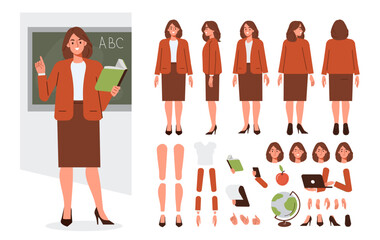 Wall Mural - female teacher near school board. character constructor for animation. front, side and back view set
