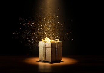 Wall Mural - golden gift box with gold ribbon illuminated by spot light with falling glitter dust on wooden table