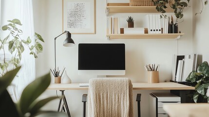 Poster - A minimalist home office with a desk, computer, bookshelf, and plants.