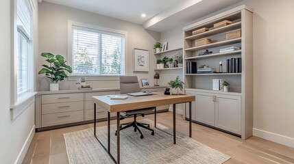 Poster - A minimalist home office with a desk, chair, bookshelf, and plants.