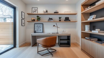 Poster - A minimalist home office with a desk, chair, bookshelf, and plants.