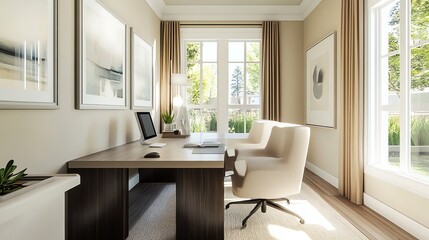 Poster - A minimalist home office with a desk, computer, bookshelf, and plants.