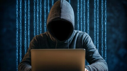 Poster - Mysterious Figure in Hooded Sweatshirt Working on Laptop Surrounded by Digital Binary Code Displaying a Sense of Intrigue and Technology