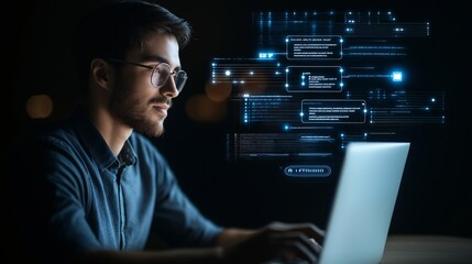 Poster - Man Engaged in Artificial Intelligence Development with Laptop in Dark Office, Digital Graphics and Code Displayed, Futuristic Technology Concept