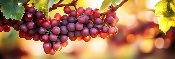 Poster - red grapes growing on grapevine, vineyard background