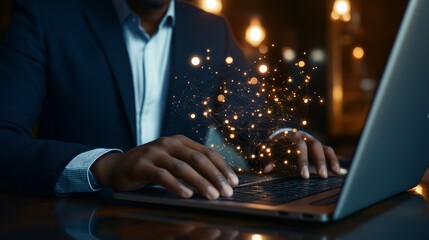 Poster - A Professional Businessman Analyzing Data on Laptop with Visualizations of Data Flow and Optimization Concepts for Better Cost Management Strategies